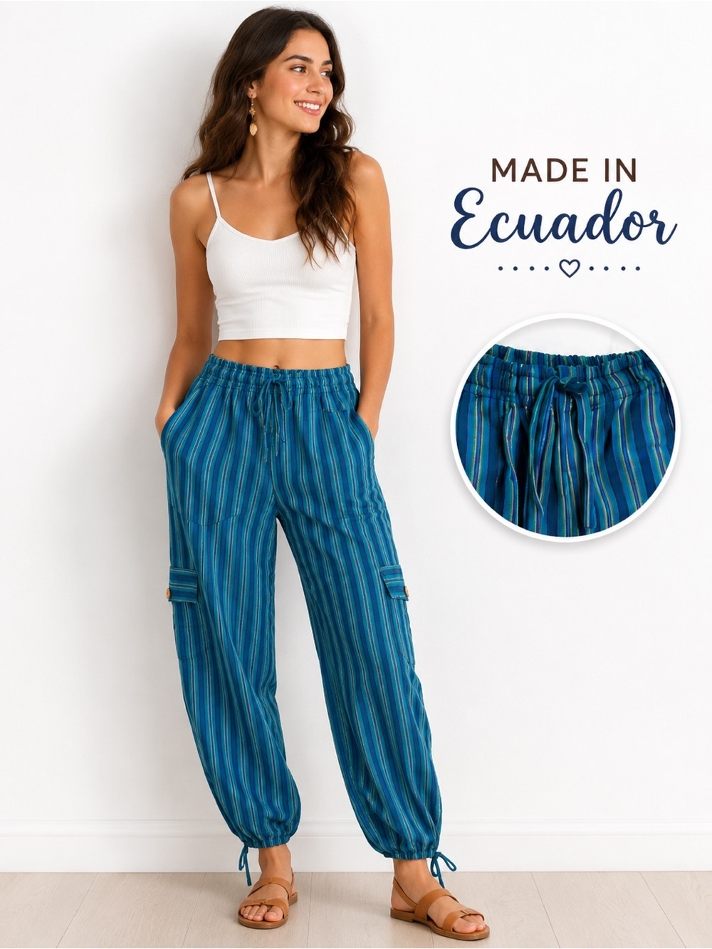 Authentic Ecuador Handmade Striped Boho Pants Elastic Waist Blue Cargo Pants